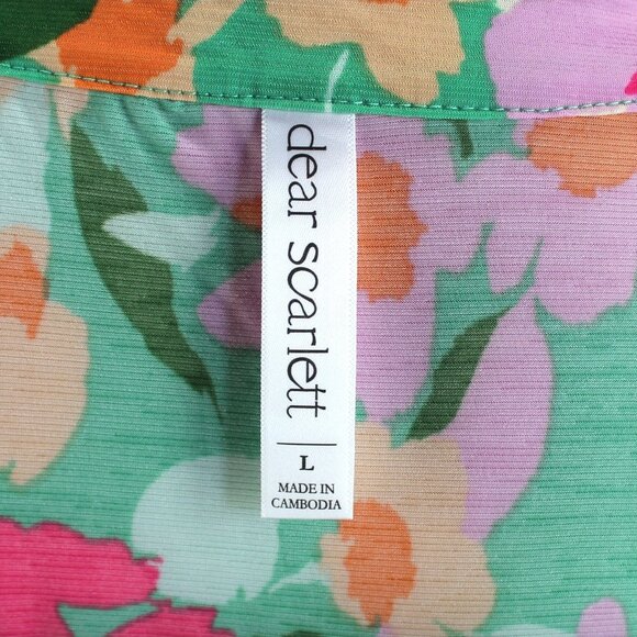 Dear Scarlett Lizzy Flutter Sleeve Top Womens Sz L Multi Color Floral Split Neck - Picture 7 of 7